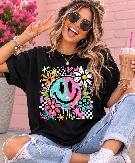 Retro Smiley Checkered Floral Tee