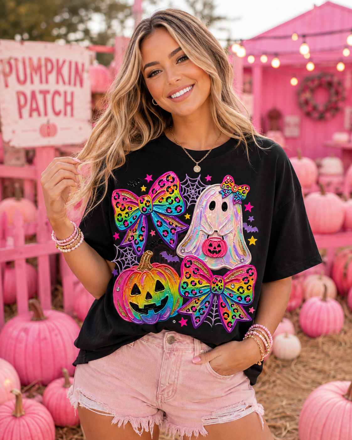 Rainbow Leopard Bow Ghost Pumpkin Tee