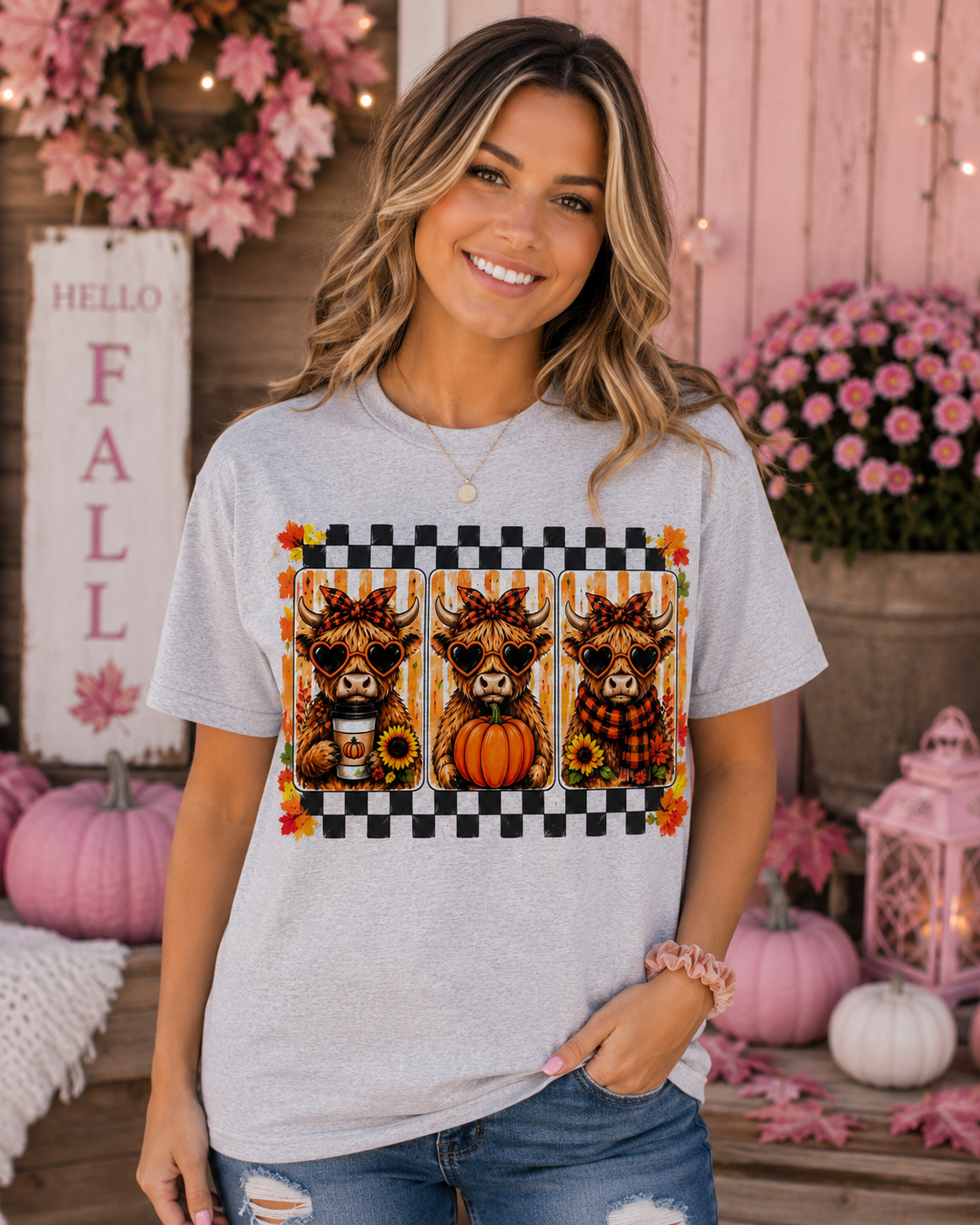 Highland Cow Fall Checkered Tee