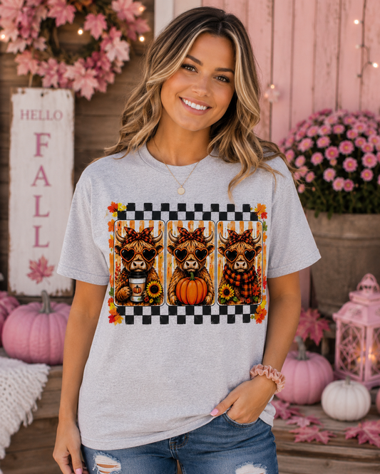Highland Cow Fall Checkered Tee