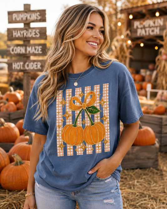 Pumpkin Cherry Gingham Bow Tee